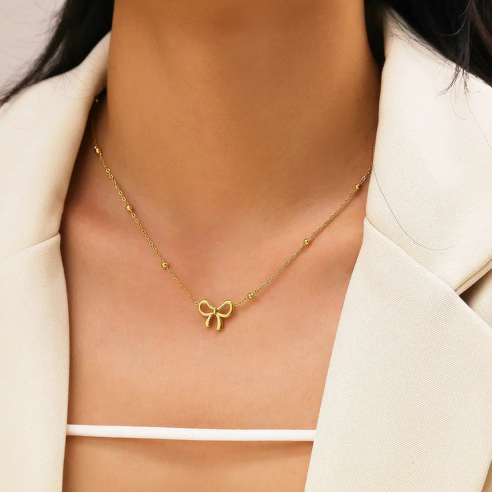 Gold Plated Anti-Tarnish Bead Bowknot Necklace