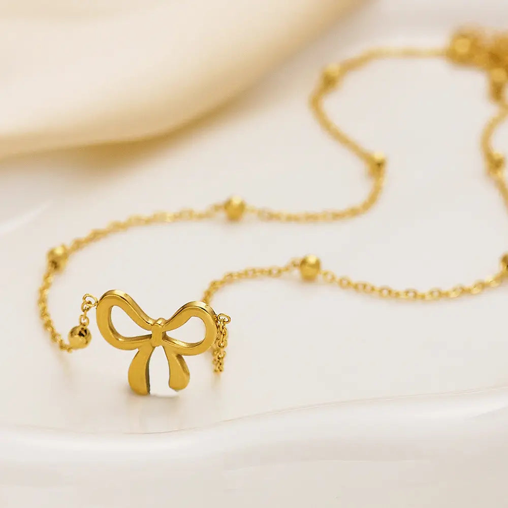 Gold Plated Anti-Tarnish Bead Bowknot Necklace