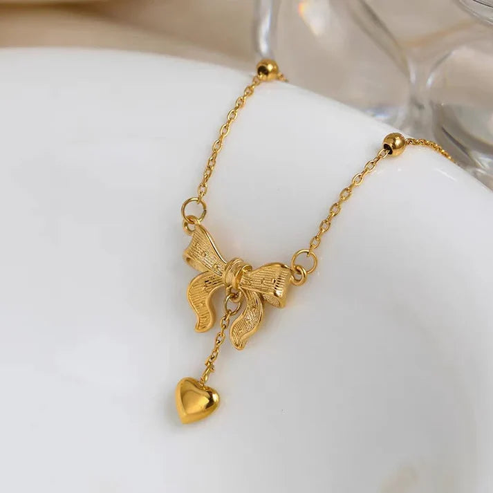 Gold Plated Anti-Tarnish Cute Ribbon Tassel Heart Necklace
