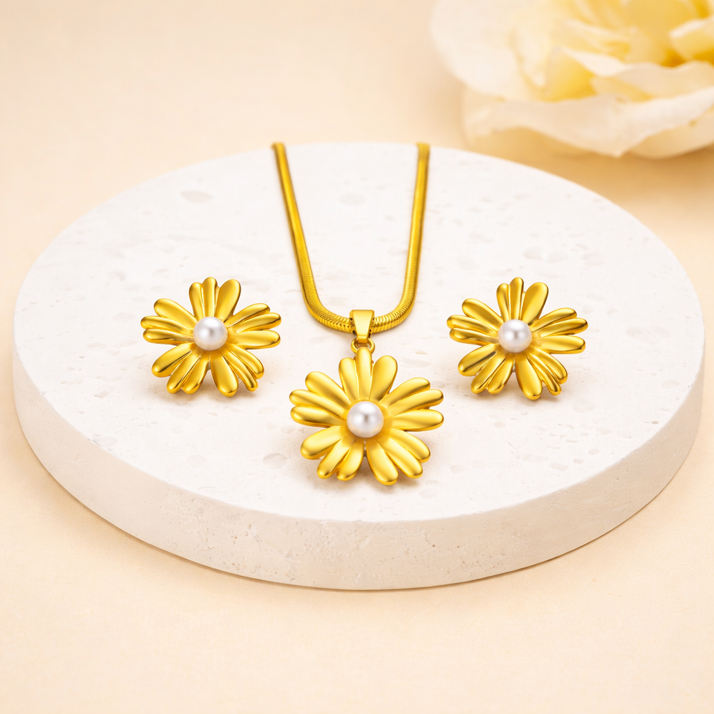 Gold daisy jewelry set with pearls