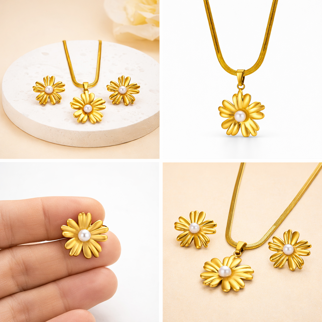 Gold daisy jewelry set with pearls
