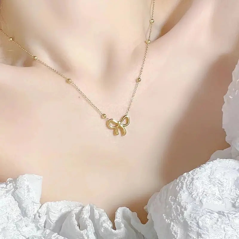 Gold Plated Anti-Tarnish Bead Bowknot Necklace