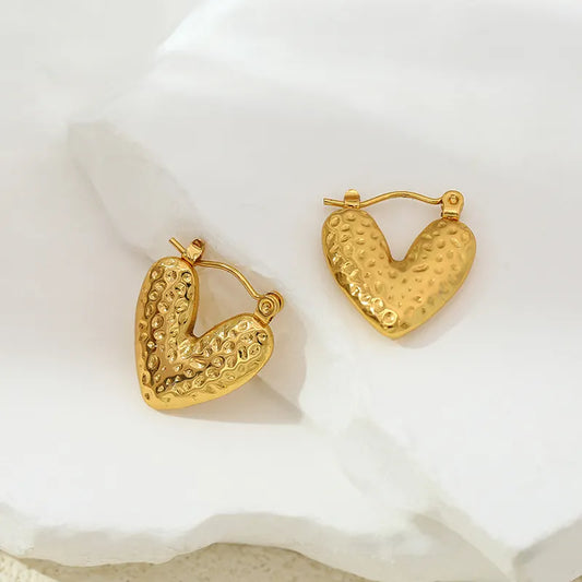 Gold Plated Anti-Tarnish Hammered Heart Hoop Earrings