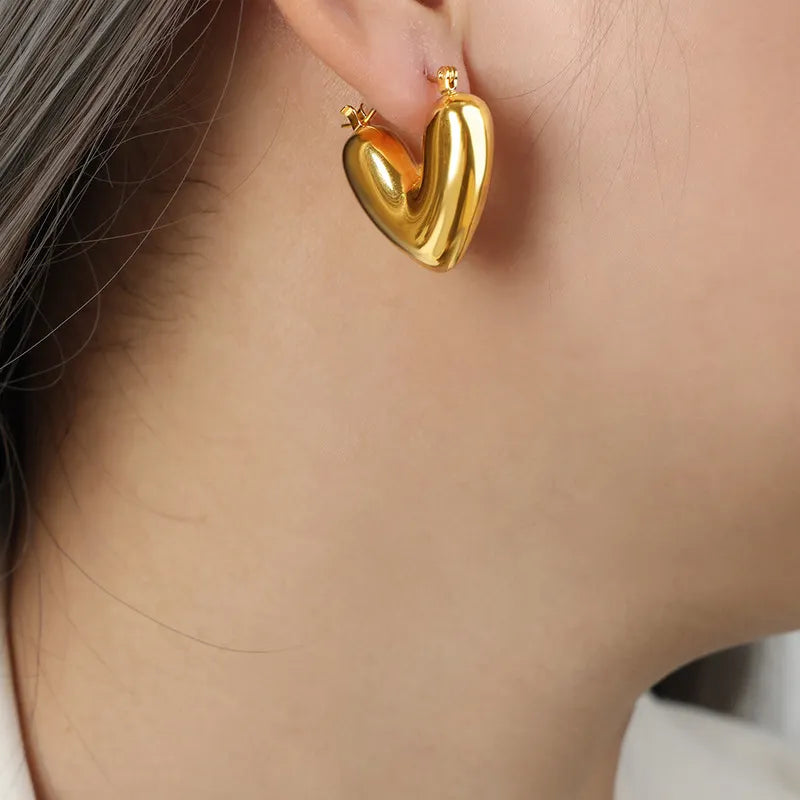 Gold Plated Anti-Tarnish Love Heart Chunky Hoops