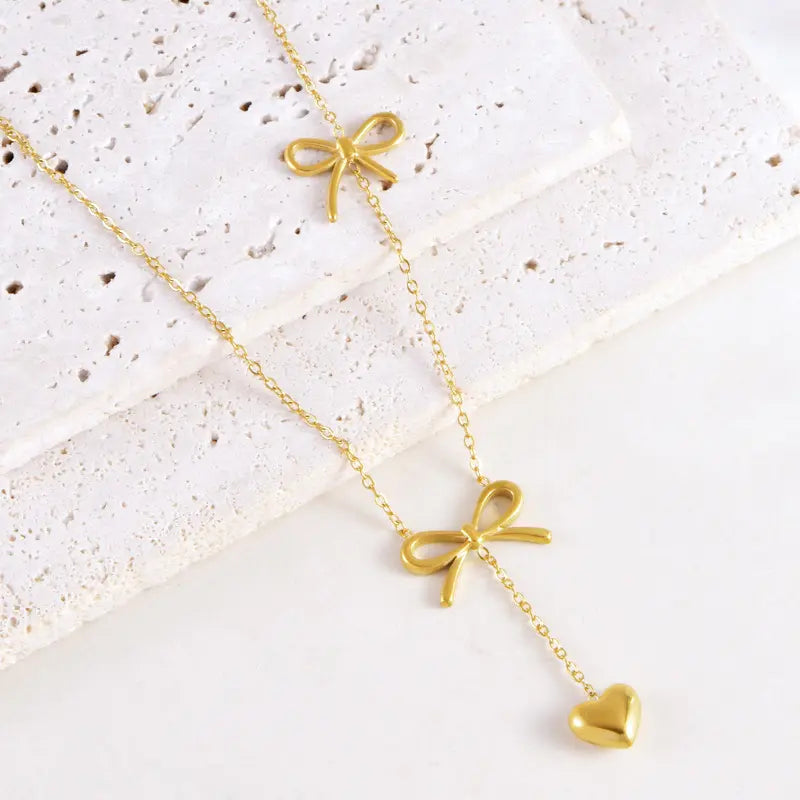 Gold Plated Anti-Tarnish Long Tassel Bow Heart Pendant Necklace