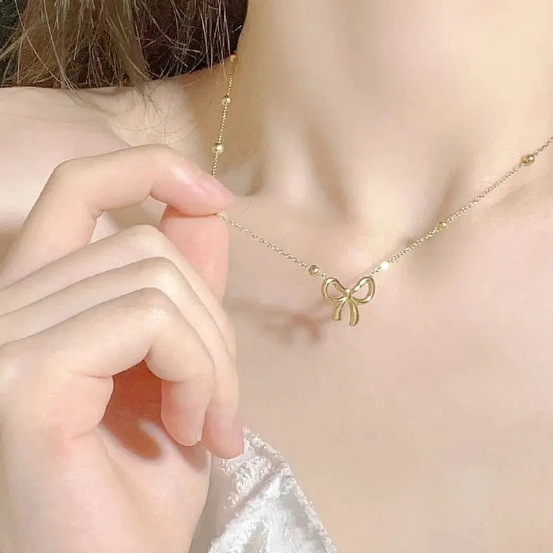 Gold Plated Anti-Tarnish Bead Bowknot Necklace