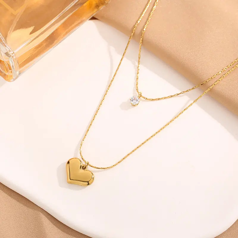 Gold Plated Anti-Tarnish Double-Layer Love Pendant Necklace with AD Stone