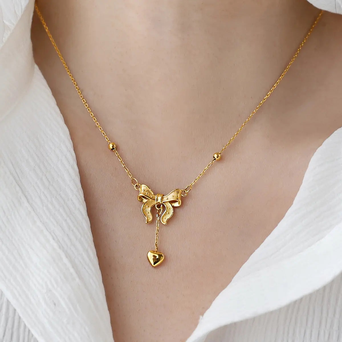 Gold Plated Anti-Tarnish Cute Ribbon Tassel Heart Necklace