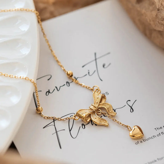 Gold Plated Anti-Tarnish Cute Ribbon Tassel Heart Necklace