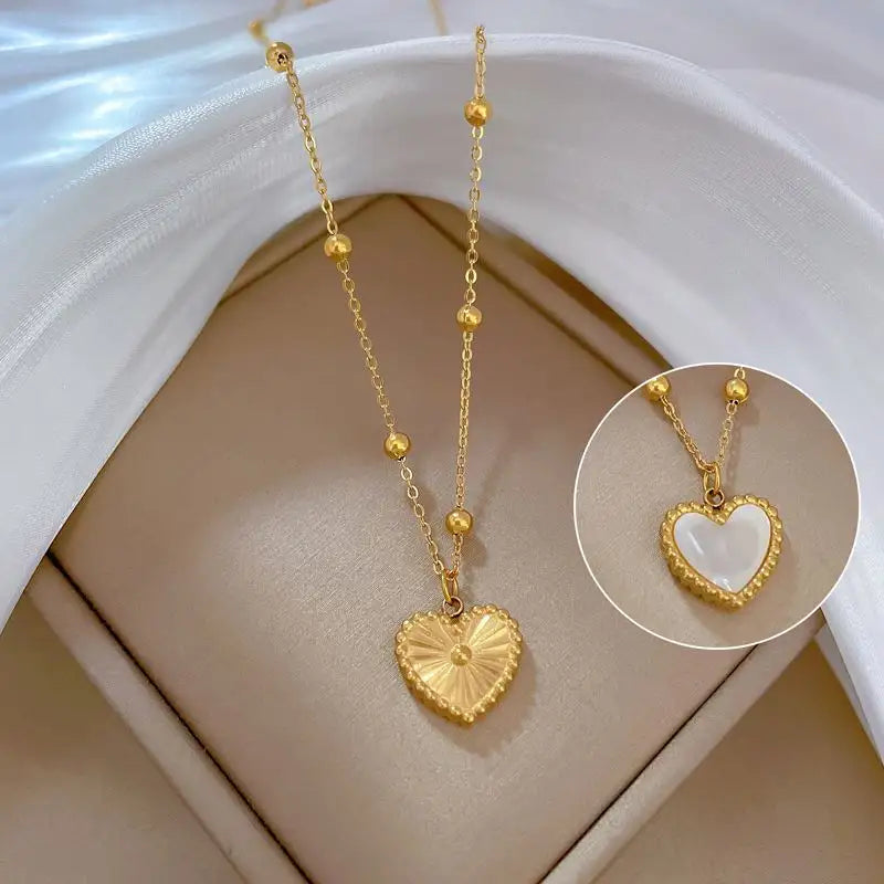 Gold Plated Anti-Tarnish Double Sided Shell Heart Pendant Necklace