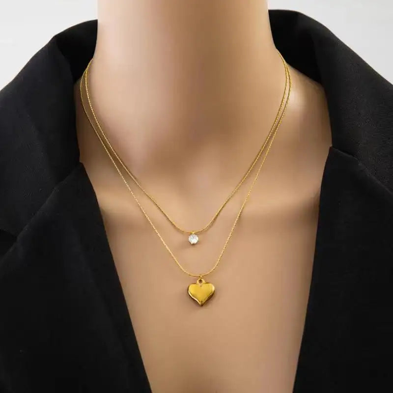 Gold Plated Anti-Tarnish Double-Layer Love Pendant Necklace with AD Stone