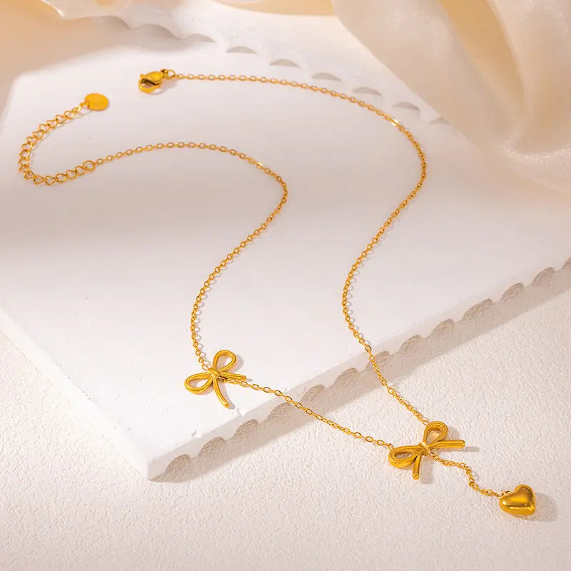 Gold Plated Anti-Tarnish Long Tassel Bow Heart Pendant Necklace