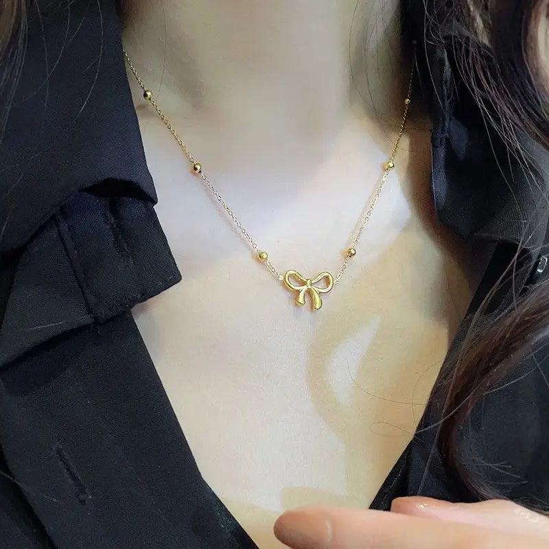 Gold Plated Anti-Tarnish Bead Bowknot Necklace