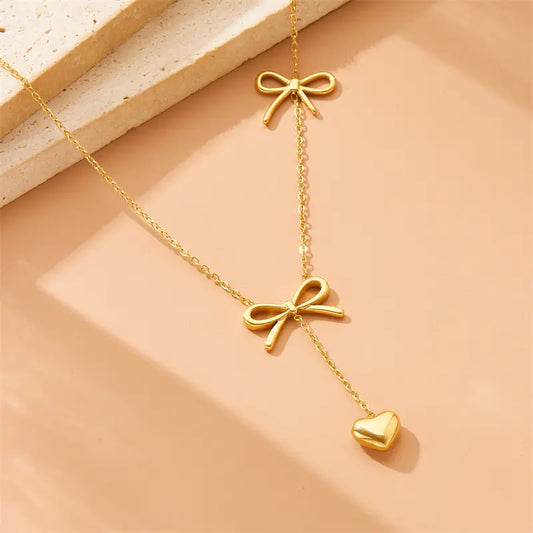 Gold Plated Anti-Tarnish Long Tassel Bow Heart Pendant Necklace