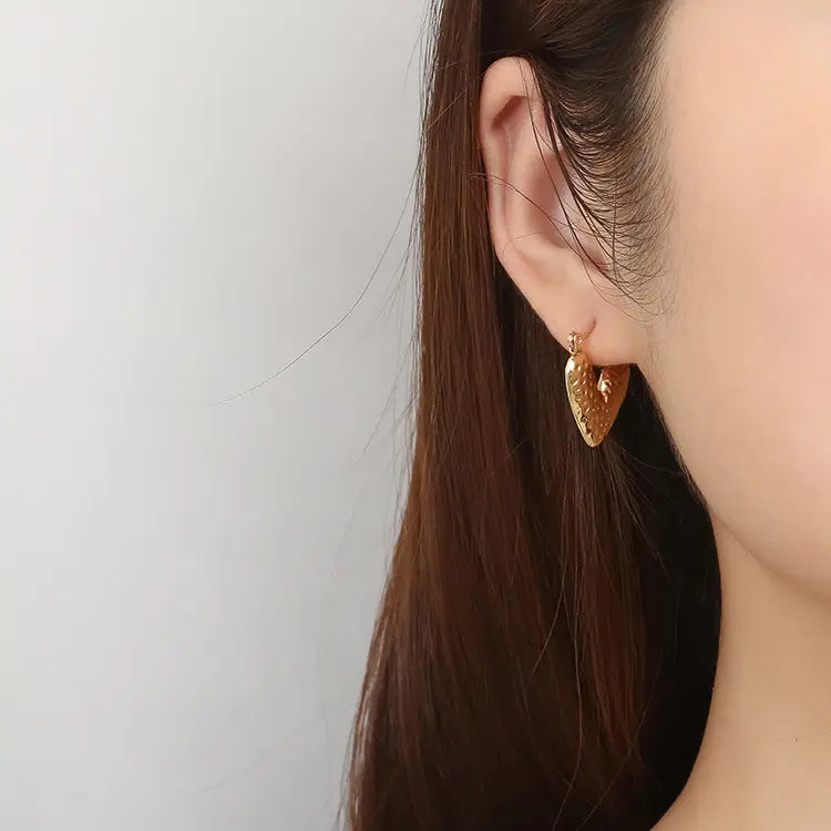 Gold Plated Anti-Tarnish Hammered Heart Hoop Earrings