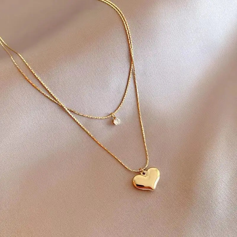 Gold Plated Anti-Tarnish Double-Layer Love Pendant Necklace with AD Stone