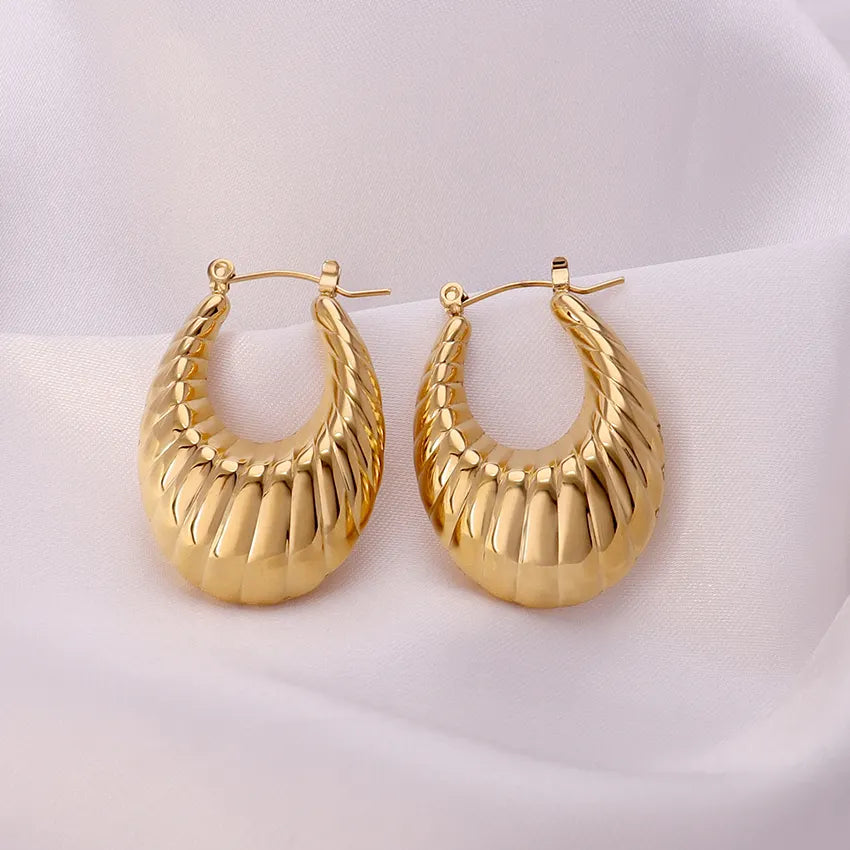 Gold Plated Anti-Tarnish Texture Oval Croissant Hoop Earrings