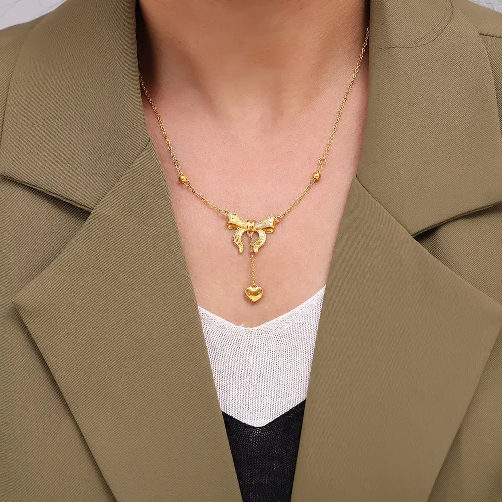 Gold Plated Anti-Tarnish Cute Ribbon Tassel Heart Necklace