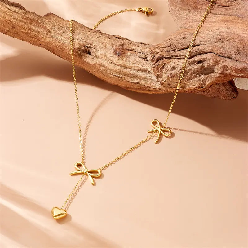 Gold Plated Anti-Tarnish Long Tassel Bow Heart Pendant Necklace