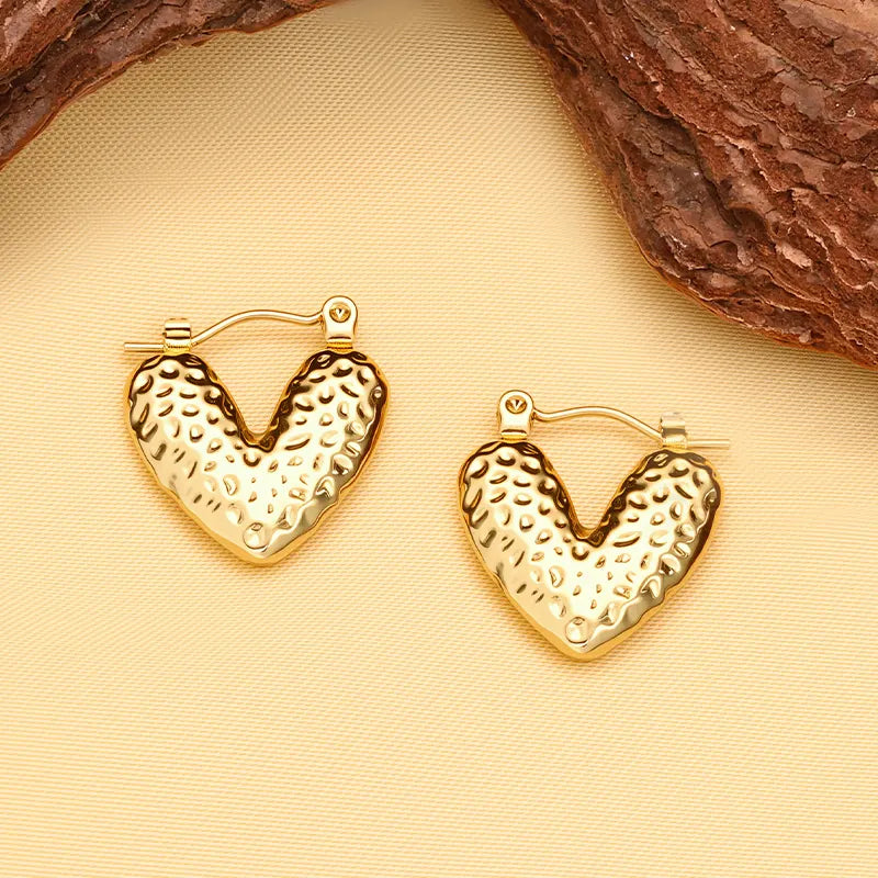 Gold Plated Anti-Tarnish Hammered Heart Hoop Earrings