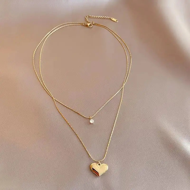 Gold Plated Anti-Tarnish Double-Layer Love Pendant Necklace with AD Stone