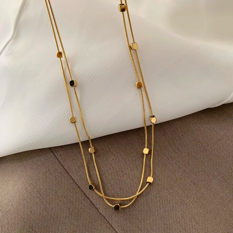 Gold Plated Anti-Tarnish Double Layer Beaded Snake Bone Necklace