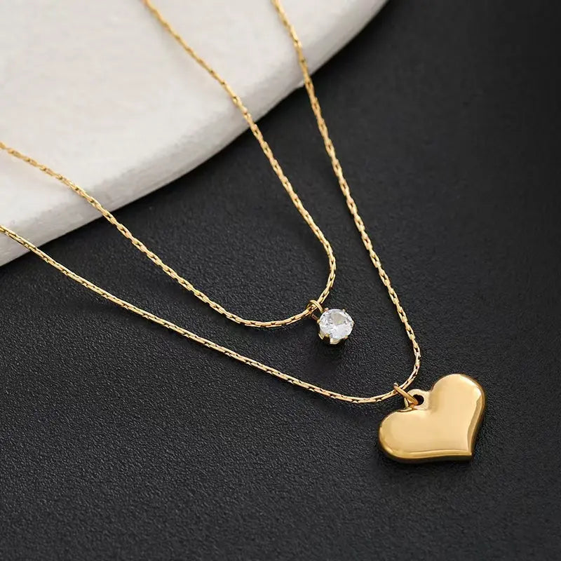 Gold Plated Anti-Tarnish Double-Layer Love Pendant Necklace with AD Stone
