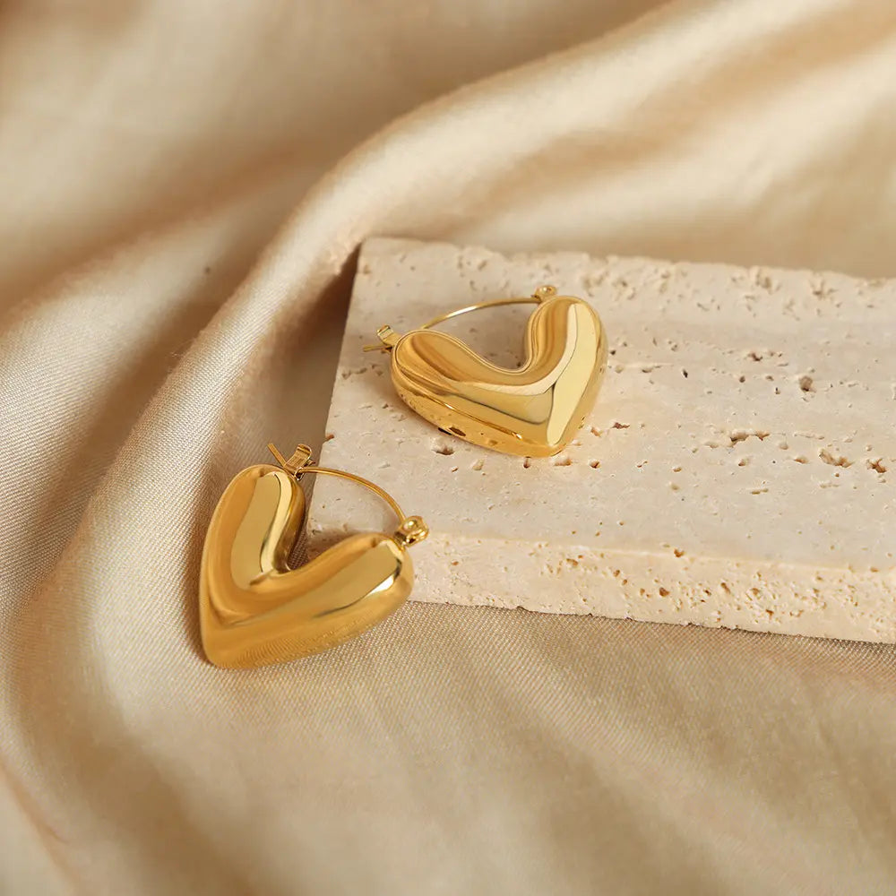 Gold Plated Anti-Tarnish Love Heart Chunky Hoops