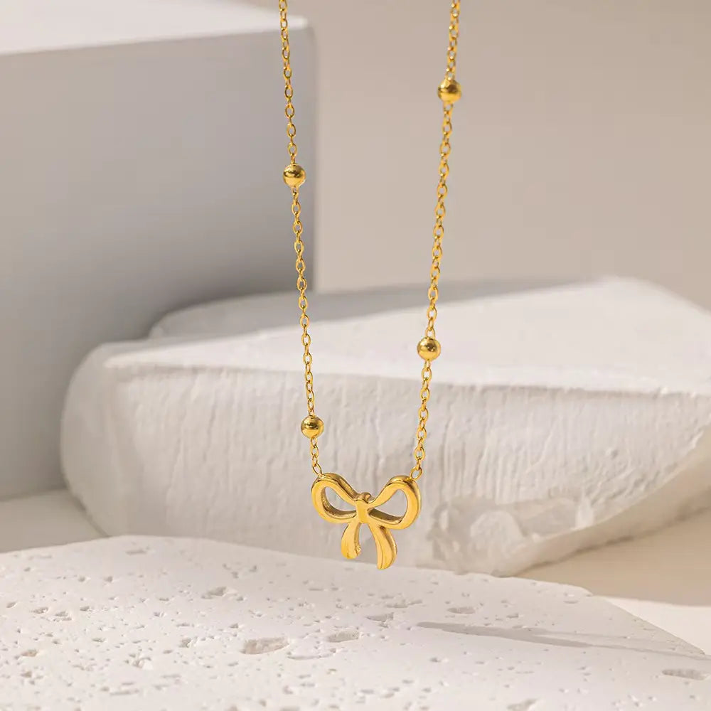 Gold Plated Anti-Tarnish Bead Bowknot Necklace