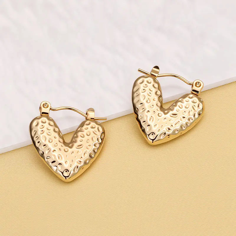 Gold Plated Anti-Tarnish Hammered Heart Hoop Earrings