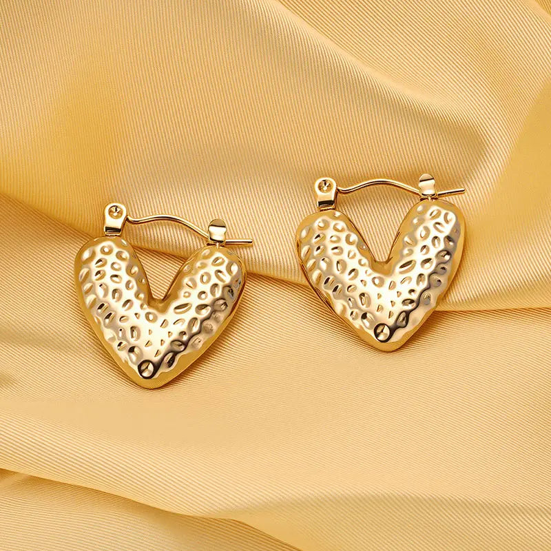 Gold Plated Anti-Tarnish Hammered Heart Hoop Earrings