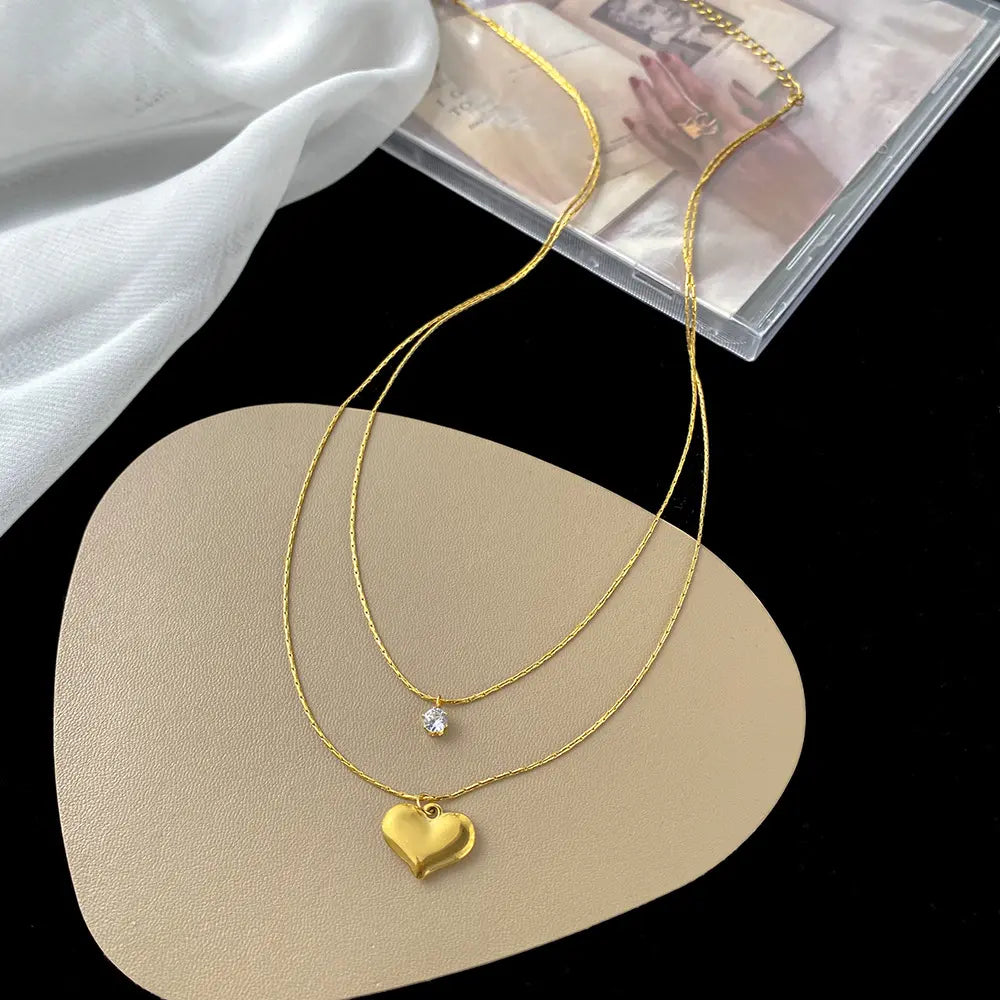 Gold Plated Anti-Tarnish Double-Layer Love Pendant Necklace with AD Stone