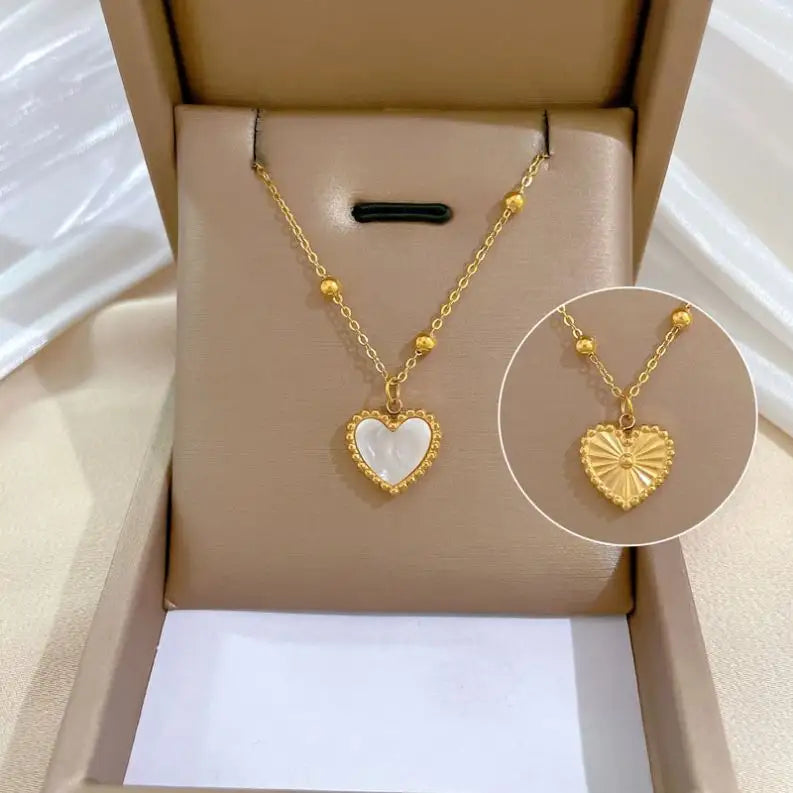 Gold Plated Anti-Tarnish Double Sided Shell Heart Pendant Necklace