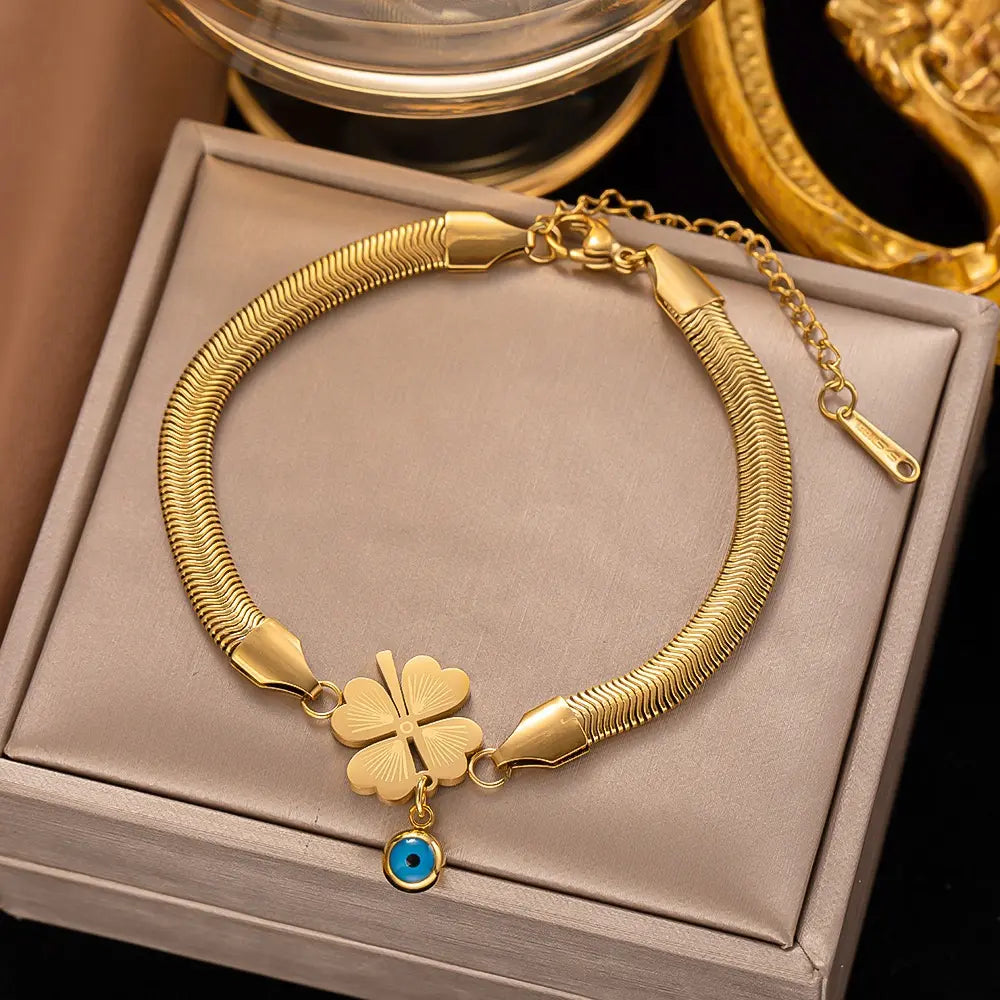 Gold Plated Anti-Tarnish Evil Eye Snake Bone Chain Bracelet