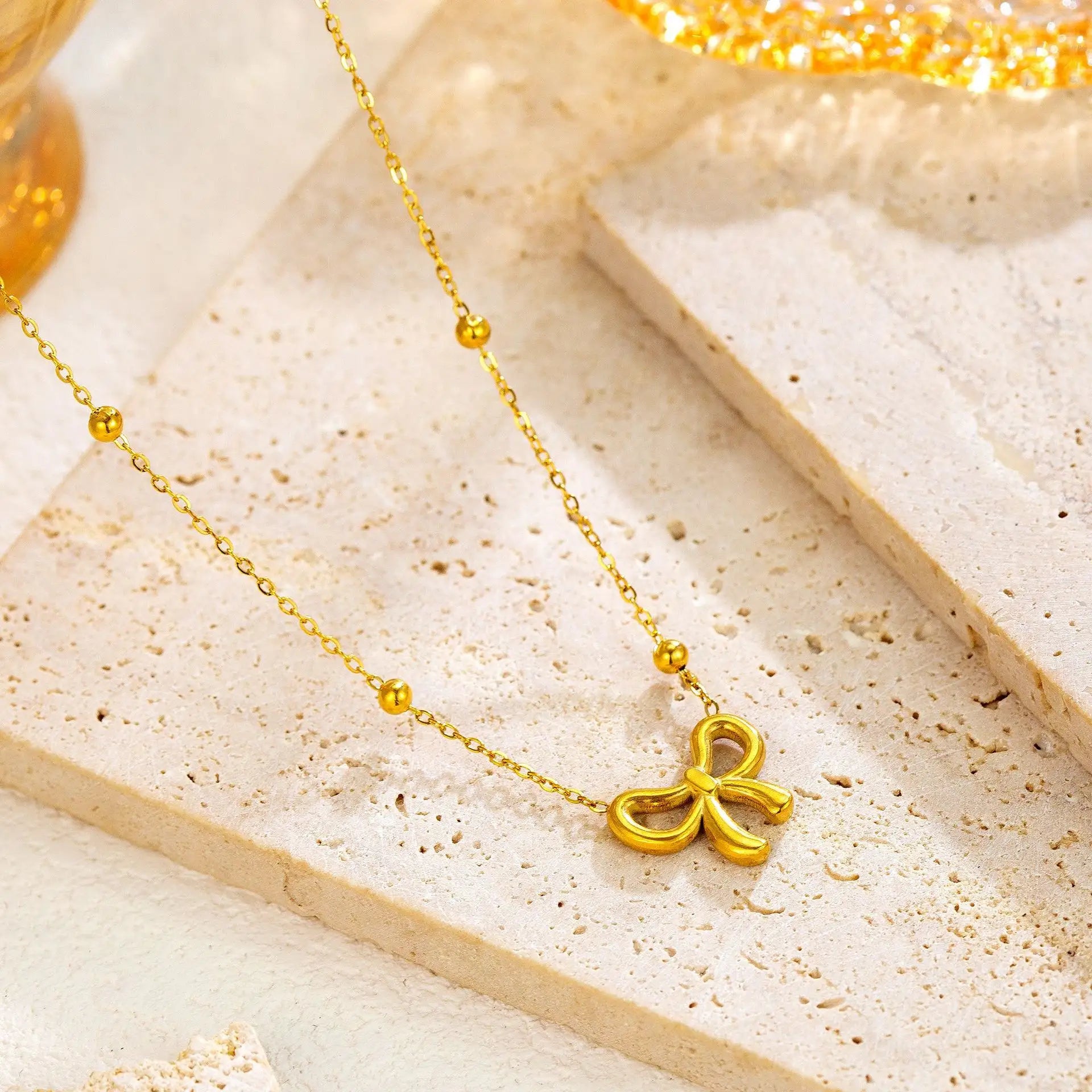 Gold Plated Anti-Tarnish Bead Bowknot Necklace
