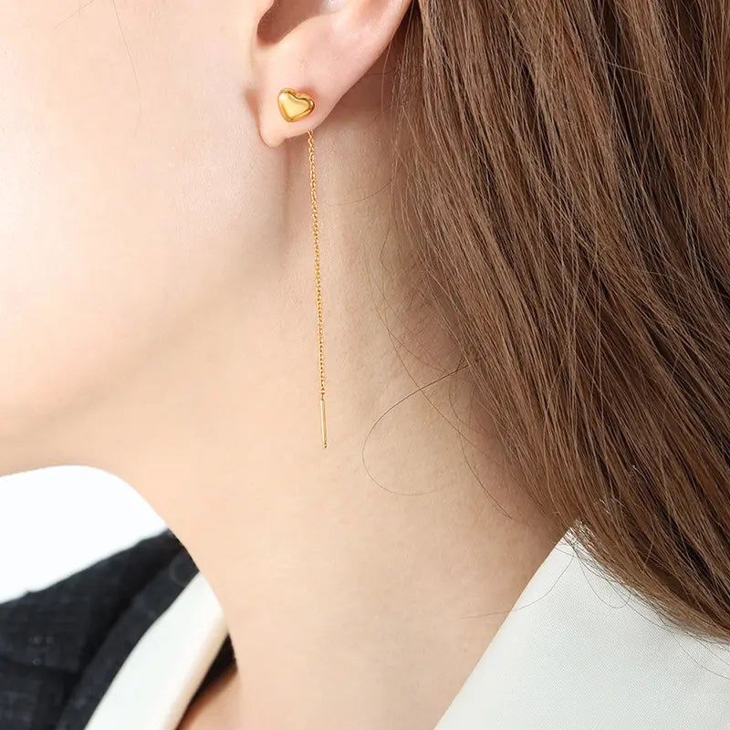 Gold Plated Anti-Tarnish Love Heart Stud & Tassel Earrings