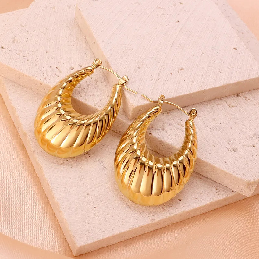 Gold Plated Anti-Tarnish Texture Oval Croissant Hoop Earrings