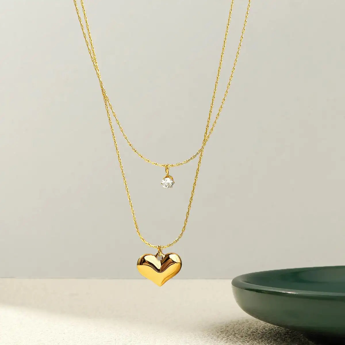 Gold Plated Anti-Tarnish Double-Layer Love Pendant Necklace with AD Stone